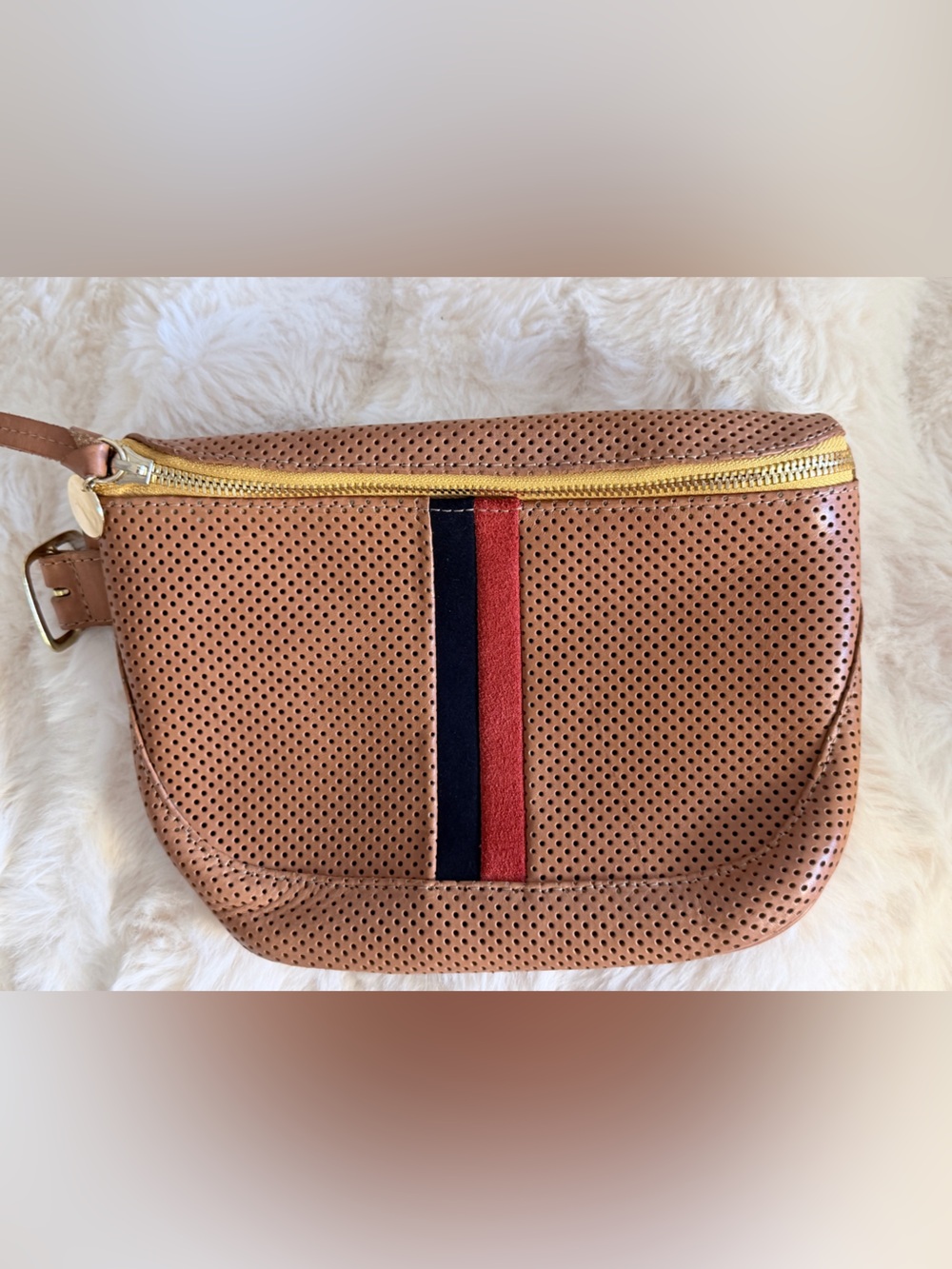 Clare V Perforated Tan Leather Belt Bag with Red & Black Stripe